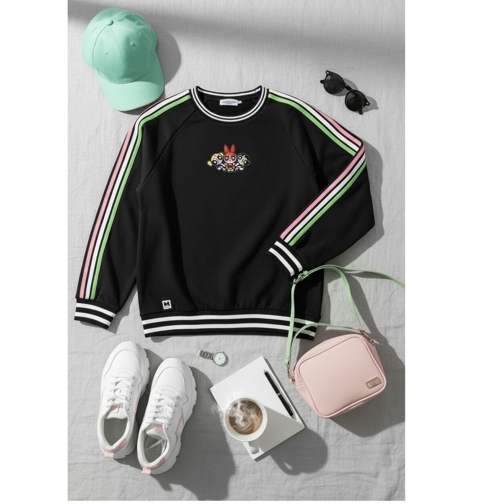 Cartoon Network Black Sweatshirt with Pink Green Trim Powerpuff Patch-Small - Picture 2 of 3